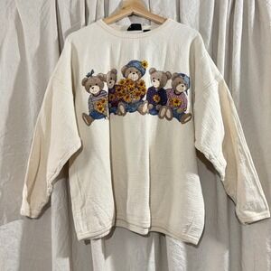 Vintage 90s Chic Teddy Bear Sunflower Sweatshirt Cream Waffle Knit NWT L/XL